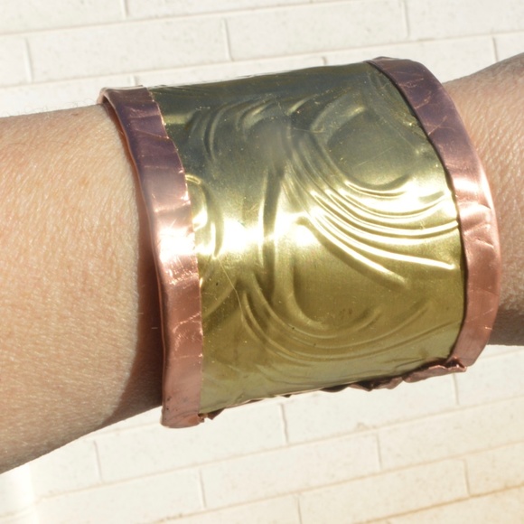 Rustic Brass Solid Genuine Copper Cuff Bracelet Wide Baroque Rococo Embossed - Picture 6 of 7